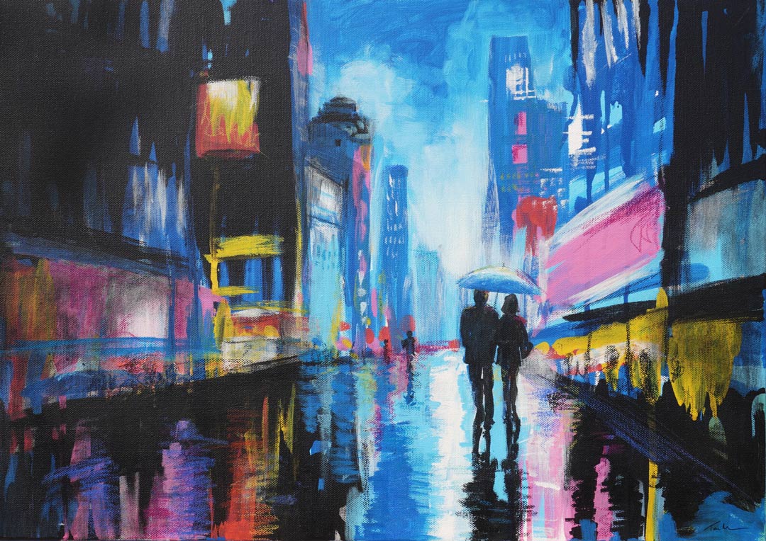 Rain Kissed Neon Dreams, night city painting of a couple with an umbrella, with blue, pink, and yellow lights reflecting on a rainy street.